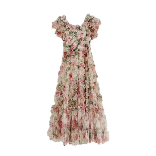 Women Summer Floral Long Dress Holiday Tulle Layer Ruffles Evening Party Maxi Vestidos
