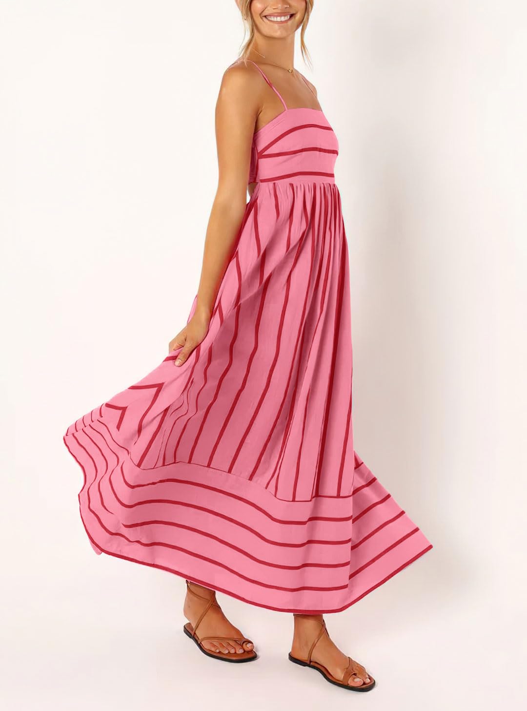 chouyatou Women's Striped Back Smocked Maxi Dress Sexy Spaghetti Strap Cut Out Flowy Swing Long Dress