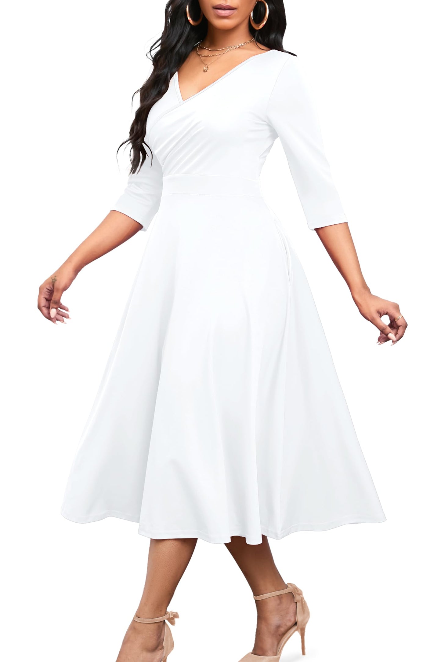 Nmoder Women's Casual Wrap Flared Midi Dress Wedding Guest Cocktail Tea Dresses A-Line Swing V-Neck 3/4 Sleeve