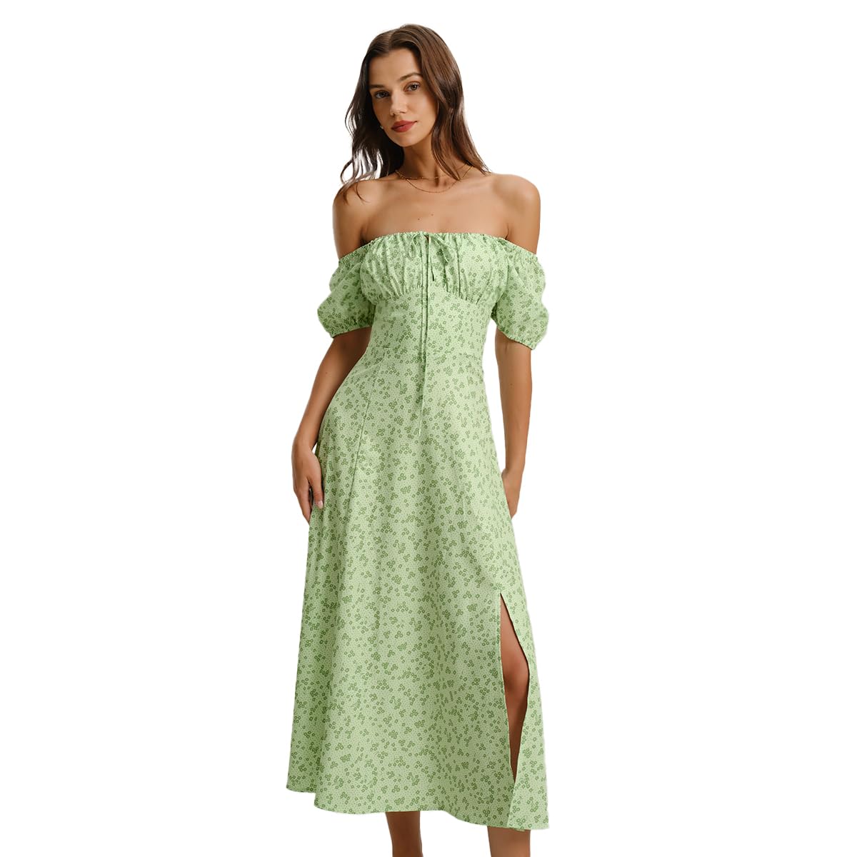 Women Summer Dresses Vintage Square Neck Adjustable Bust Floral Dress Short Puff A-Line Midi Dresses Sleeve