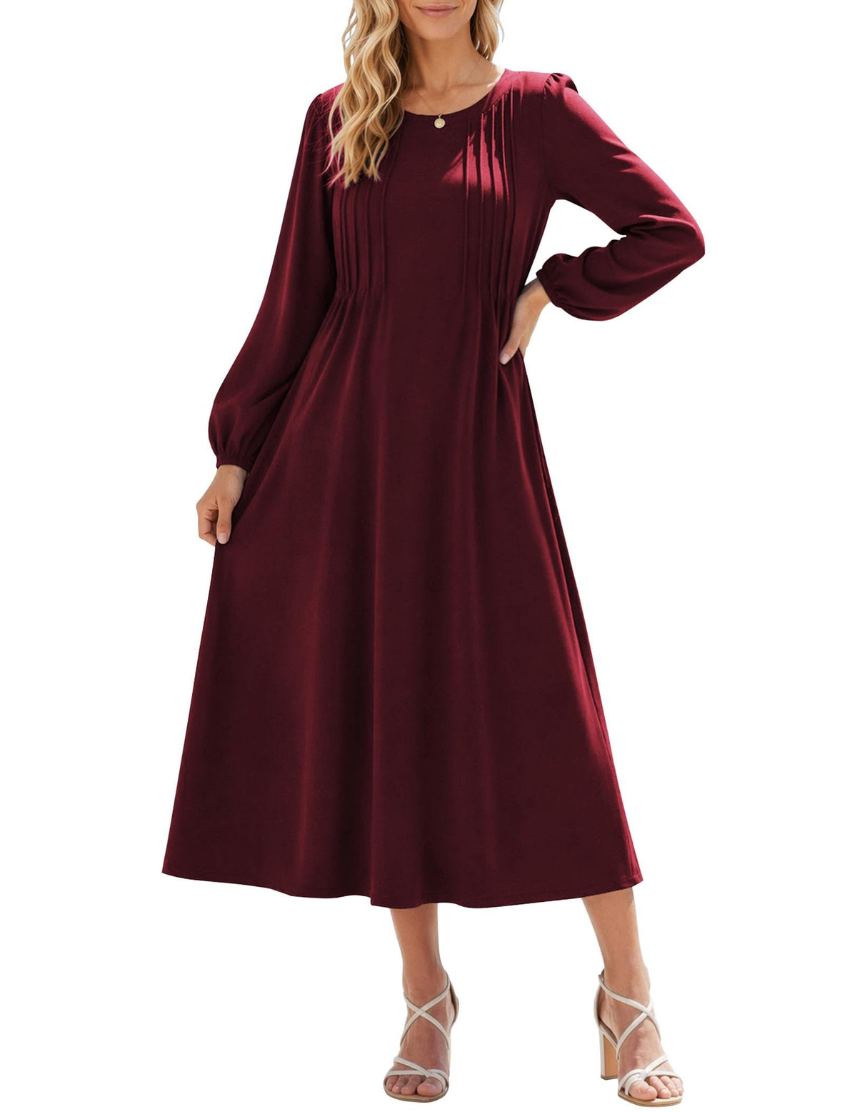 Zeagoo Fall Dresses for Women Long Sleeve Midi Dress Casual A Line Dresses 2026 Pleated Flare Dress with Pockets