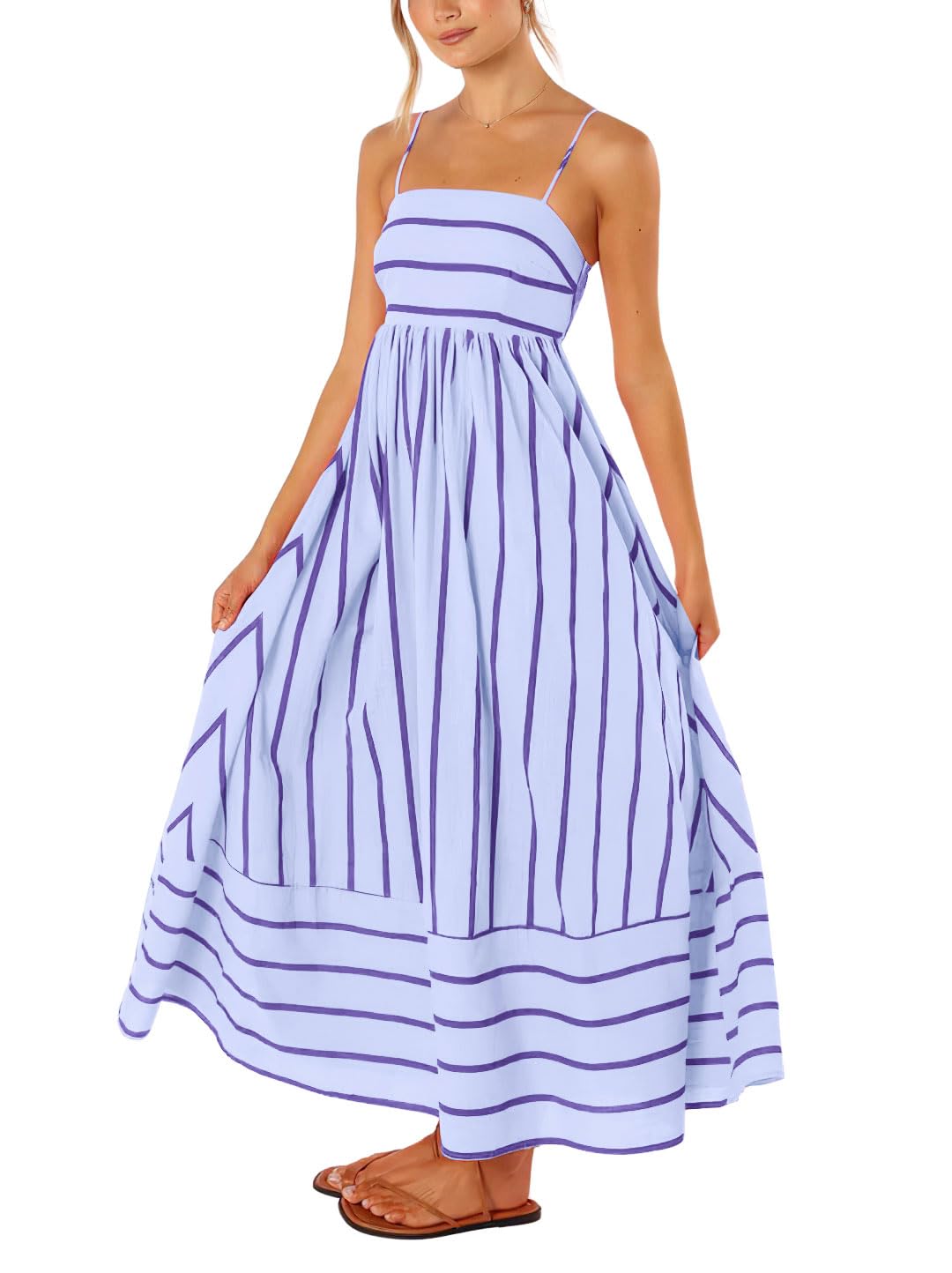 chouyatou Women's Striped Back Smocked Maxi Dress Sexy Spaghetti Strap Cut Out Flowy Swing Long Dress