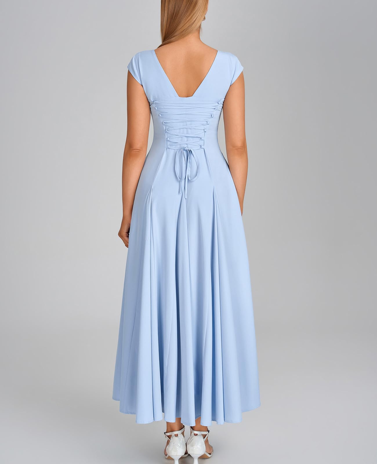 GLNEGE Women’s Corset Wedding Guest Maxi Dress Cap Sleeve Square Neck Lace Up A Line Flowy Formal Midi Dress with Pockets