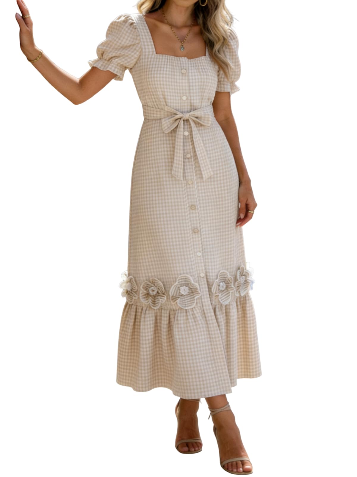 utcoco Dresses for Women Puff Short Sleeve Button Down 3D Flower Ruffle Plaid Maxi Shirt Dress