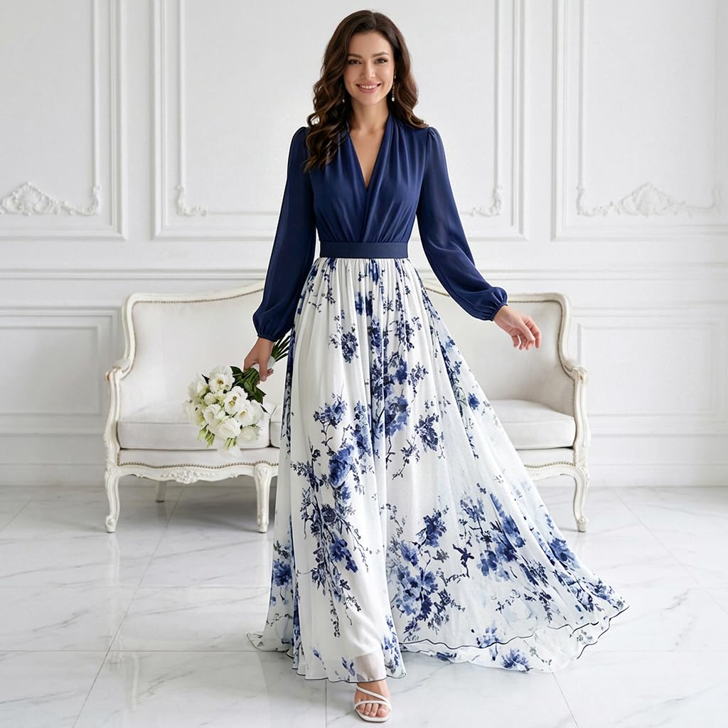 Women's Boho Floral Chiffon Maxi Dresses 2026 Summer Casual Long Sheer Sleeve Deep V Neck A-Line Beach Vacation Dress