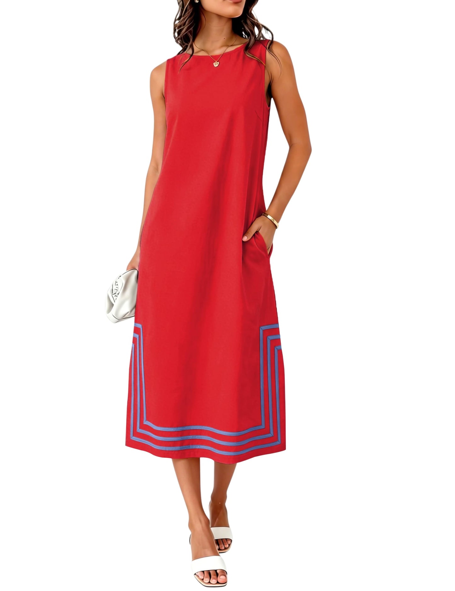 Womens Boho Linen Maxi Dress Sleeveless Split Sundress Color Block A-Line Coverups Beach Vacation Dress with Pockets