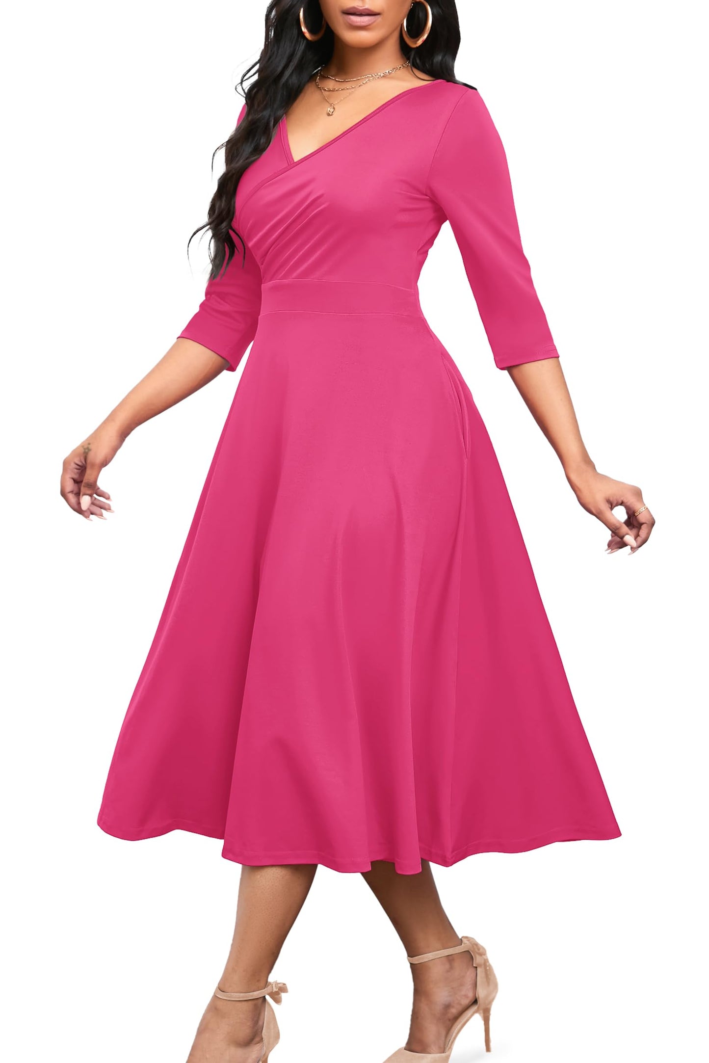 Nmoder Women's Casual Wrap Flared Midi Dress Wedding Guest Cocktail Tea Dresses A-Line Swing V-Neck 3/4 Sleeve