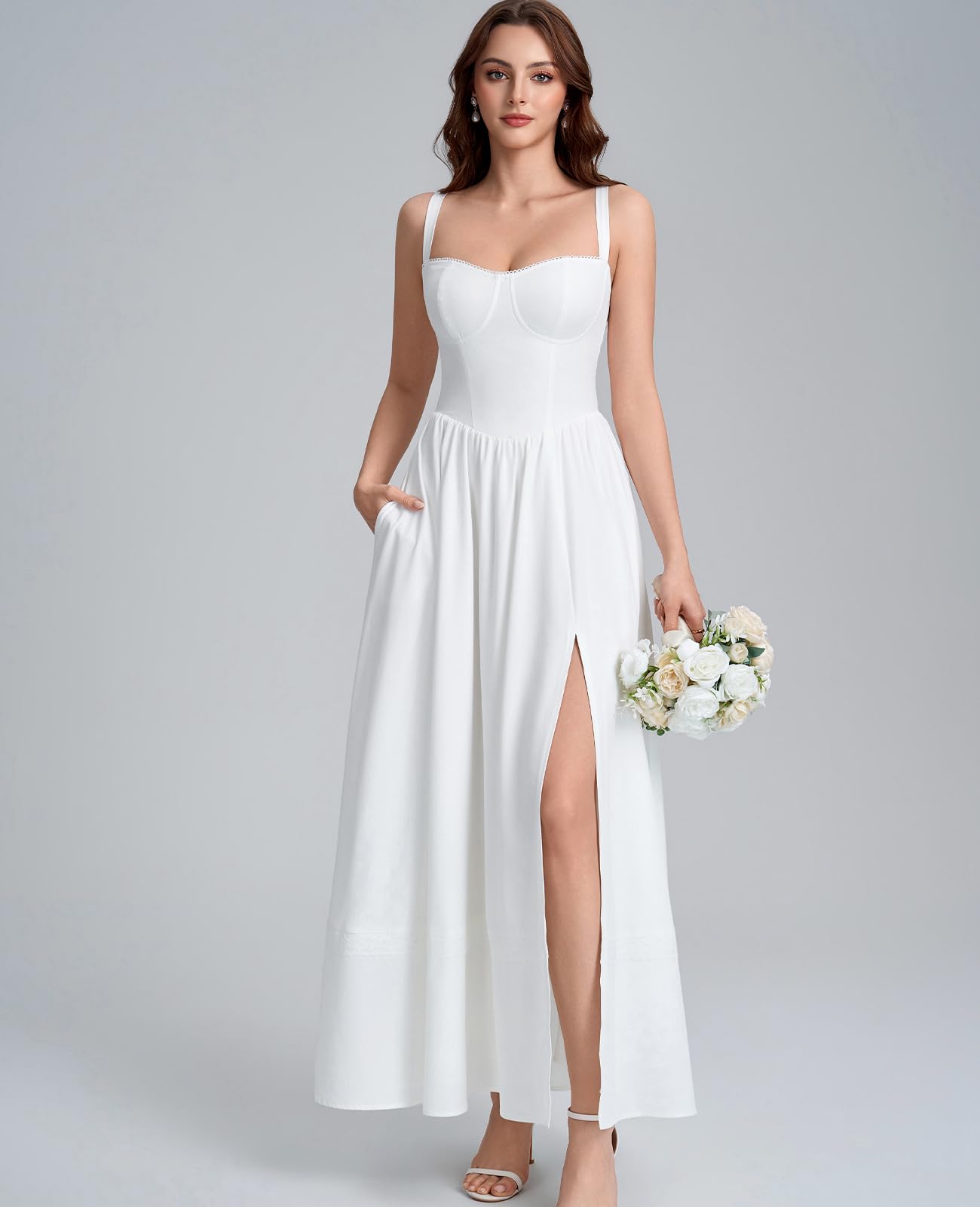 GLNEGE Floral Corset Wedding Guest Maxi Dress Summer Spring Flowy A Line Slit Tea Party Sundress for Women with Pockets