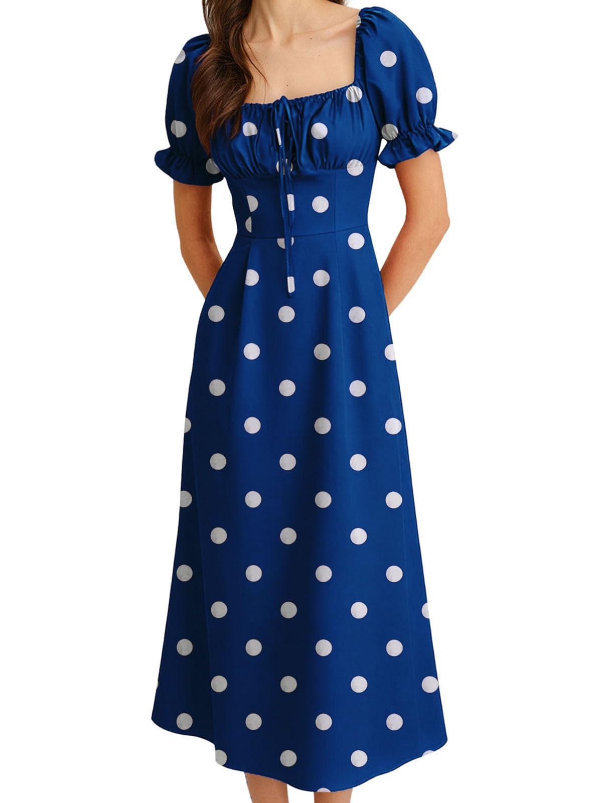 Women Summer Dresses Vintage Square Neck Adjustable Bust Floral Dress Short Puff A-Line Midi Dresses Sleeve