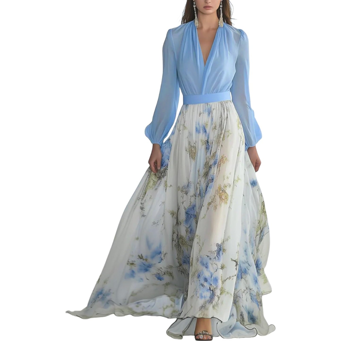 Women's Boho Floral Chiffon Maxi Dresses 2026 Summer Casual Long Sheer Sleeve Deep V Neck A-Line Beach Vacation Dress