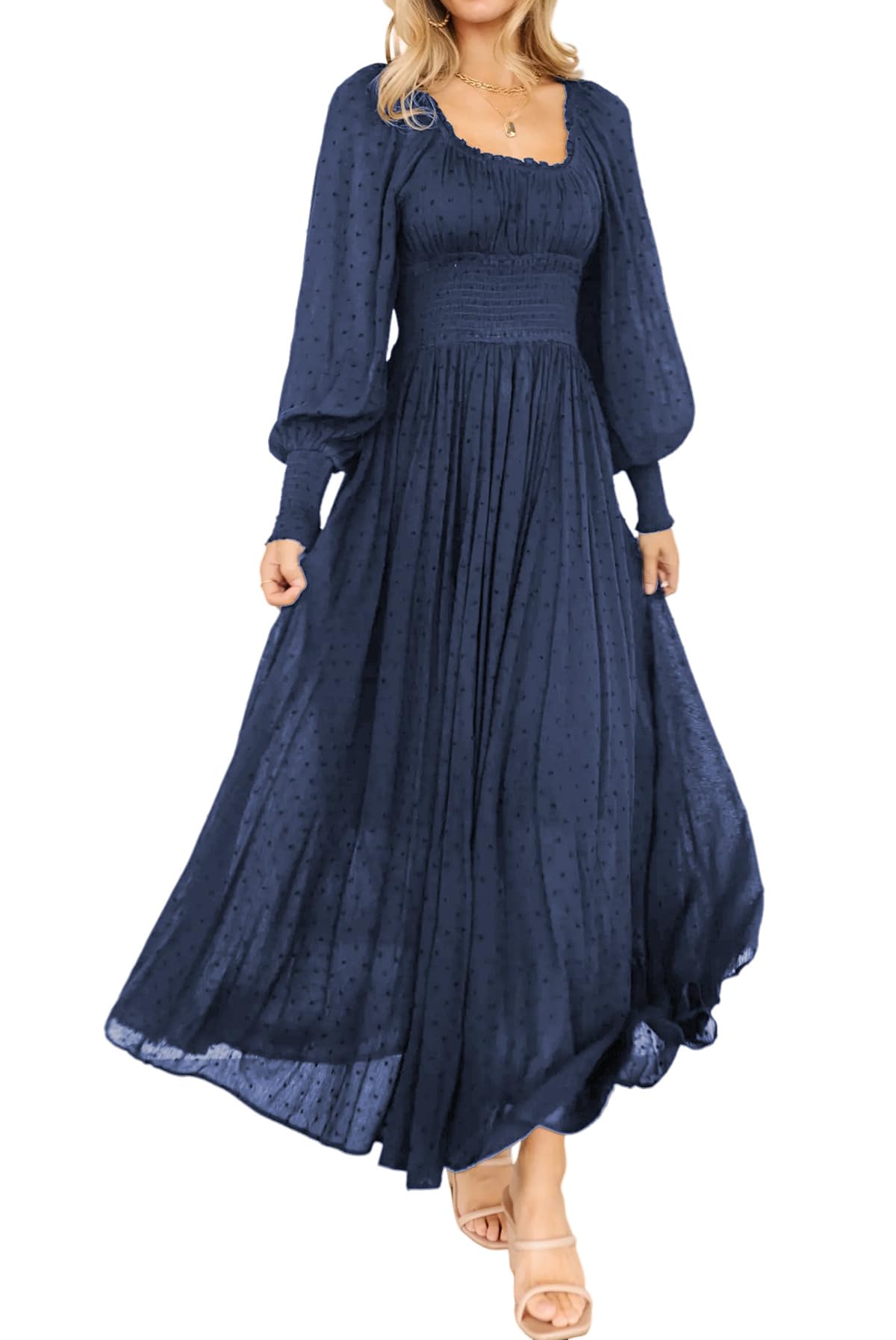 R.Vivimos Women's Puff Long Sleeve Maxi Dress Square Neck Elastic Empire Waist Swiss Dots Casual Flowy A-Line Long Dresses