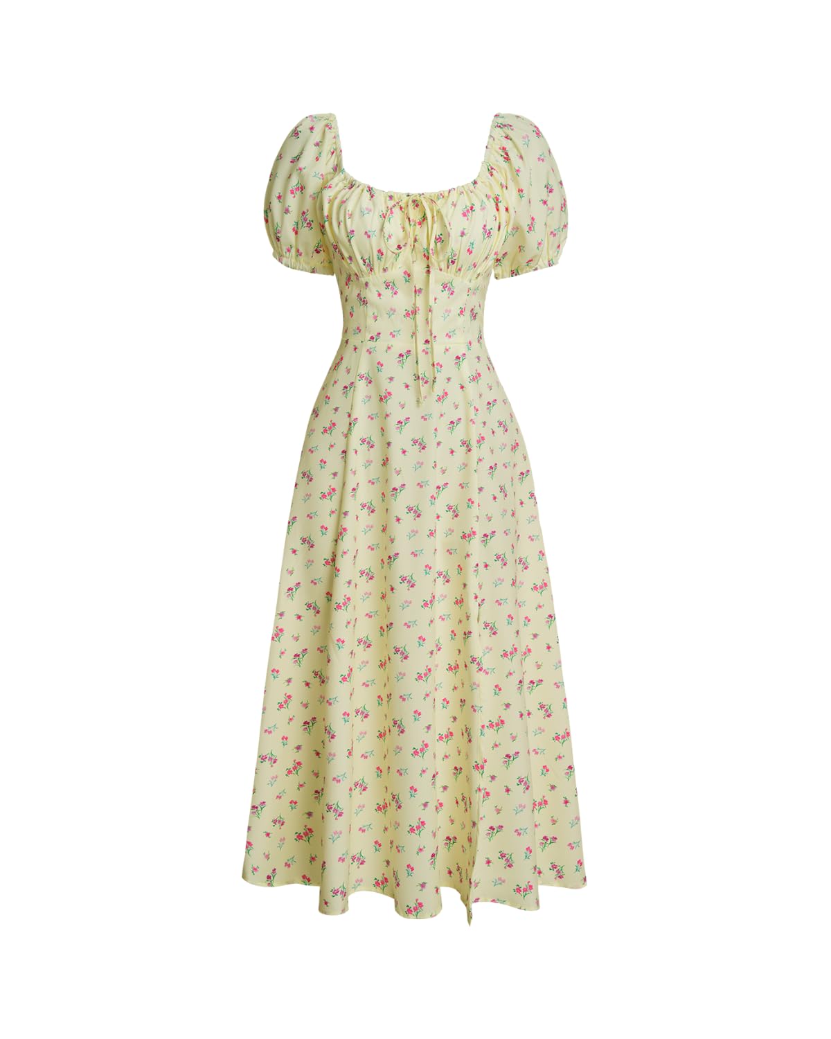 Women Summer Dresses Vintage Square Neck Adjustable Bust Floral Dress Short Puff A-Line Midi Dresses Sleeve