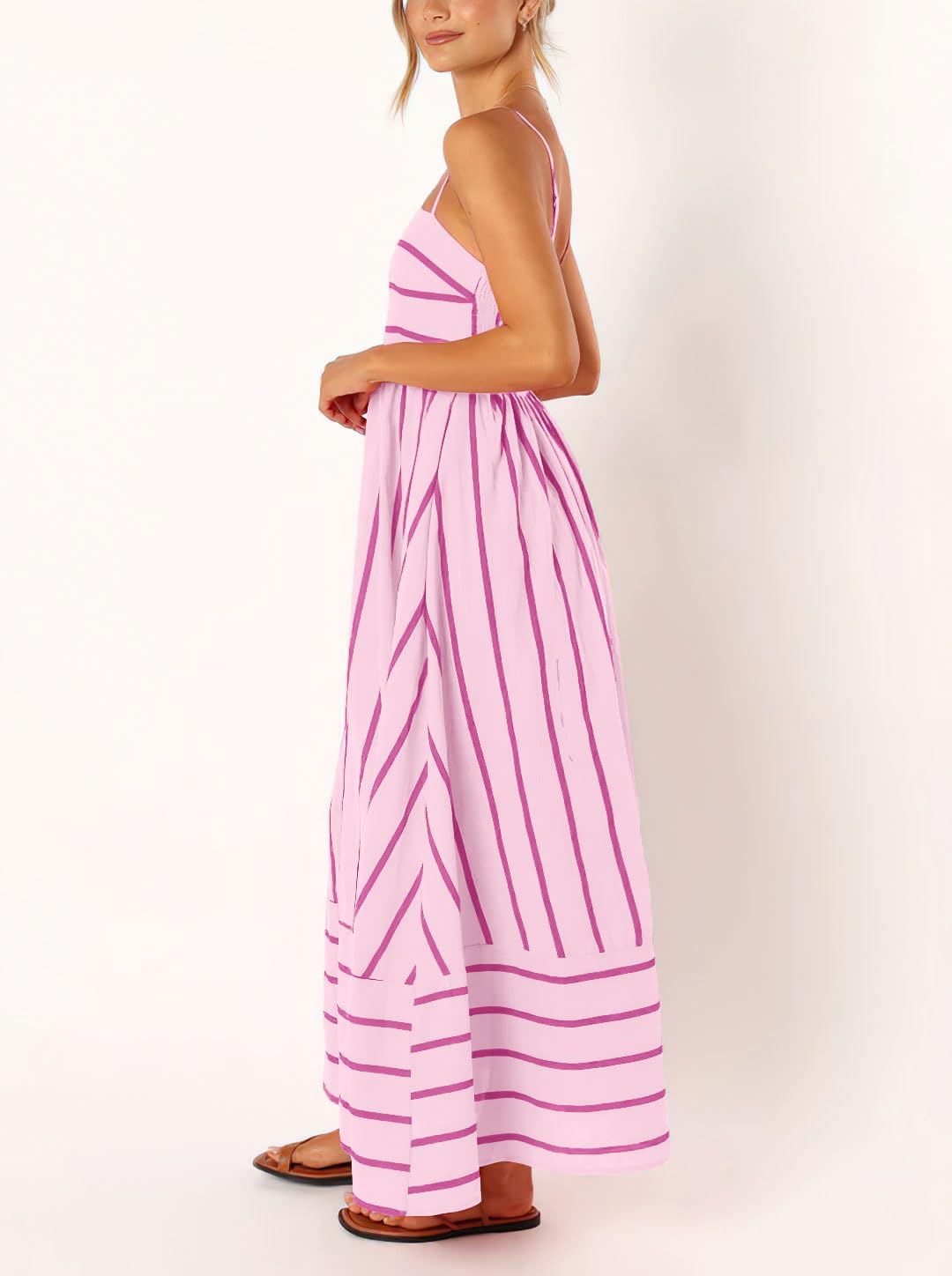 chouyatou Women's Striped Back Smocked Maxi Dress Sexy Spaghetti Strap Cut Out Flowy Swing Long Dress