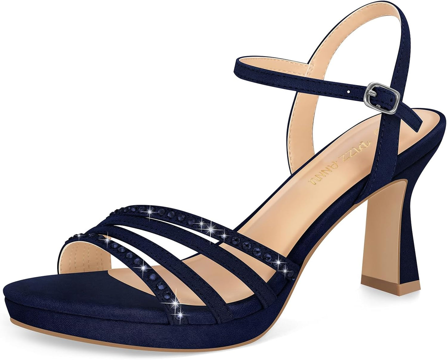 PIZZ ANNU Lena Women's Platform Heels High Block Chunky Sparkly Rhinestone Open Toe Ankle Strap Fashion Dress Pump Sandals Shoes for Party Wedding