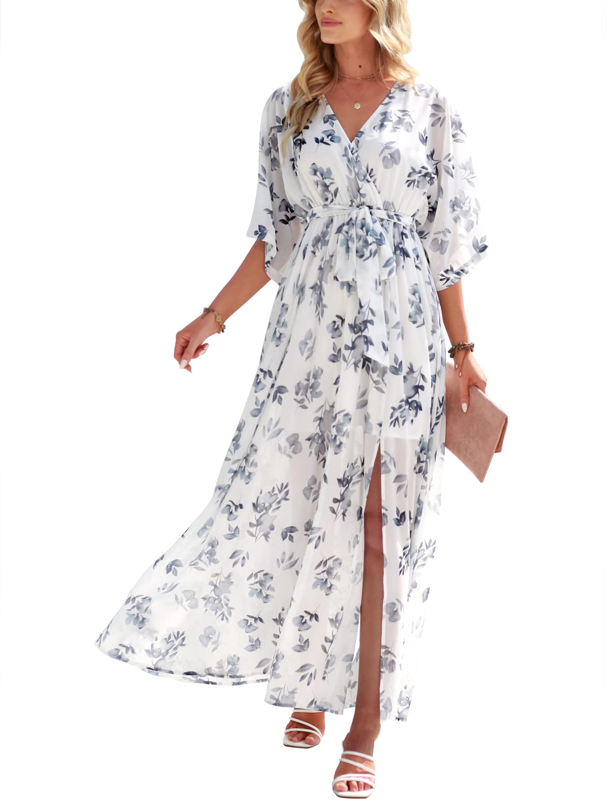ANRABESS Womens 1/2 Sleeve Beach Wedding Guest Maxi Dresses 2026 Summer Wrap V Neck Boho Floral Flowy Slit Long Dresses