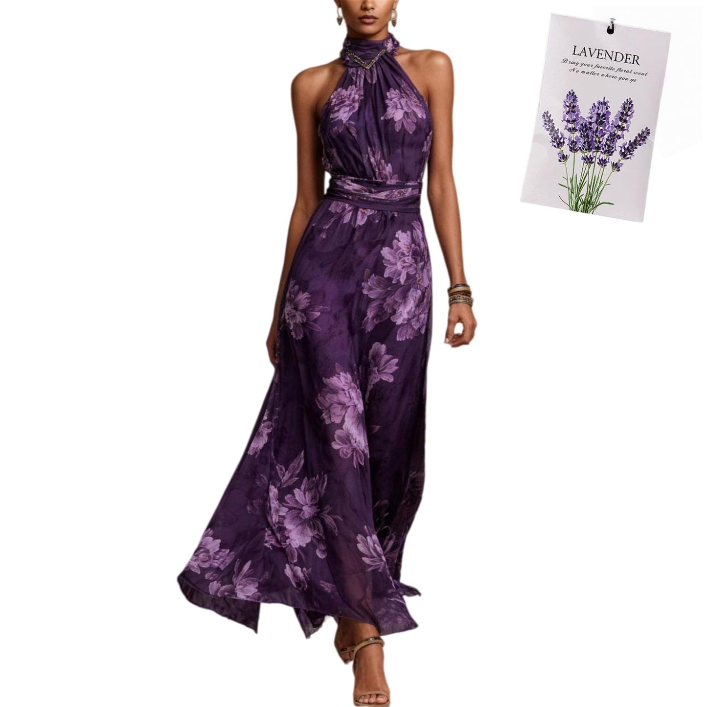 Halter Floral Print Chiffon Maxi Dress for Women Floral Wedding Guest Maxi Dress Formal Halter Chiffon Bridesmaid Dresses