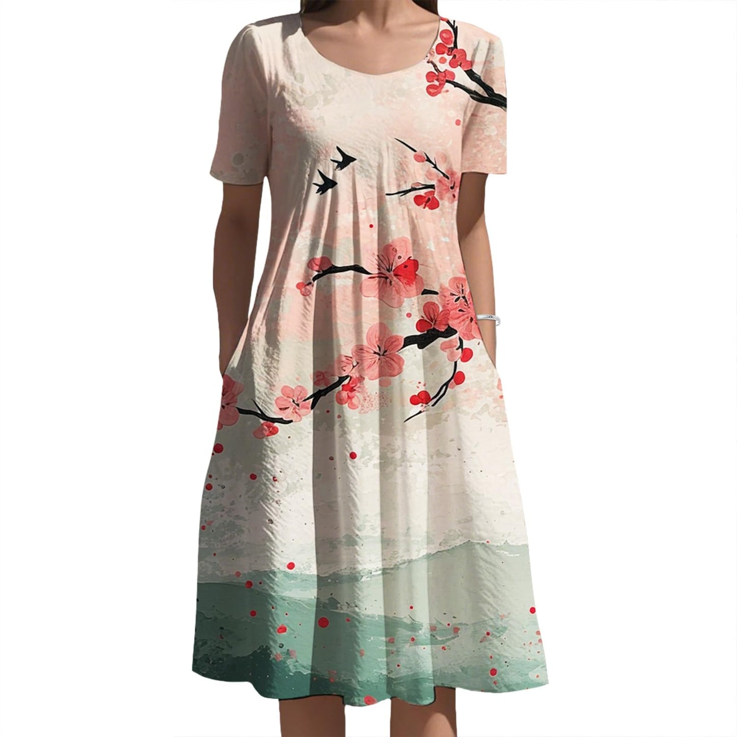 Oriental Ink Floral Midi Dress Gradient Tone for Women Elegant Daily Vacation Outfit with Side Pockets and Style