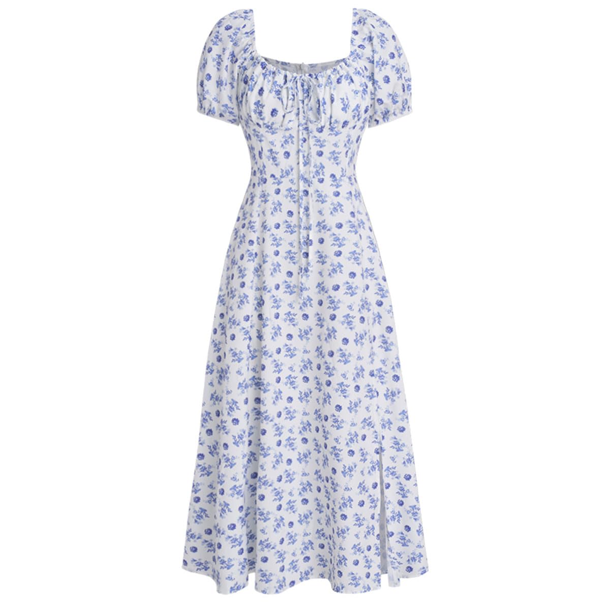 Women Summer Dresses Vintage Square Neck Adjustable Bust Floral Dress Short Puff A-Line Midi Dresses Sleeve