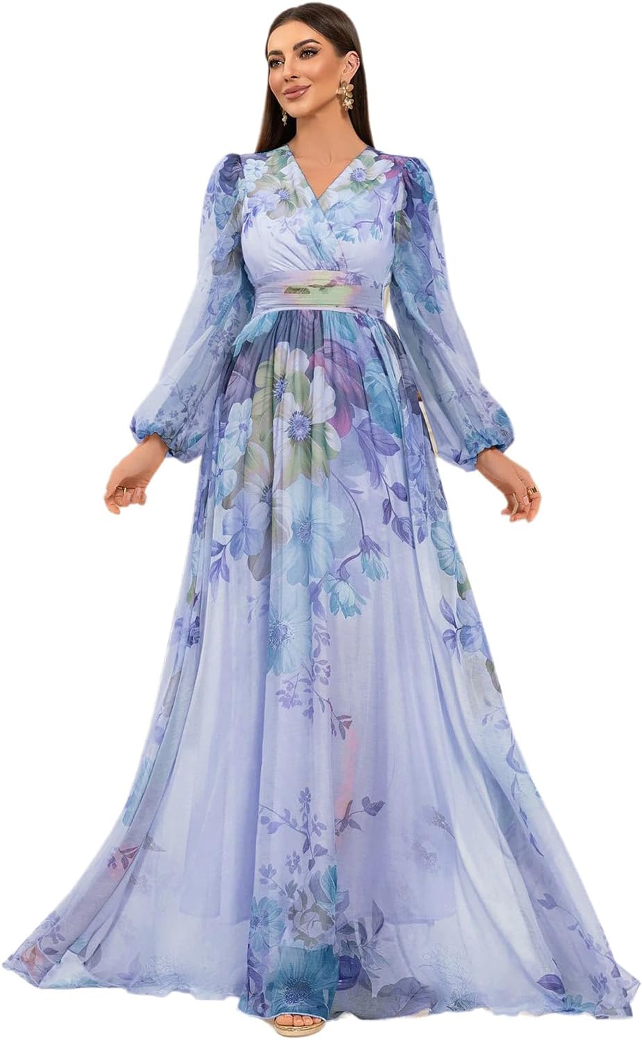 TOLEEN Summer Casual Dresses for Women 2024 Spring Fashion Boho V Neck Long Sleeve Ruffle Floral Print Elegant Maxi Dress