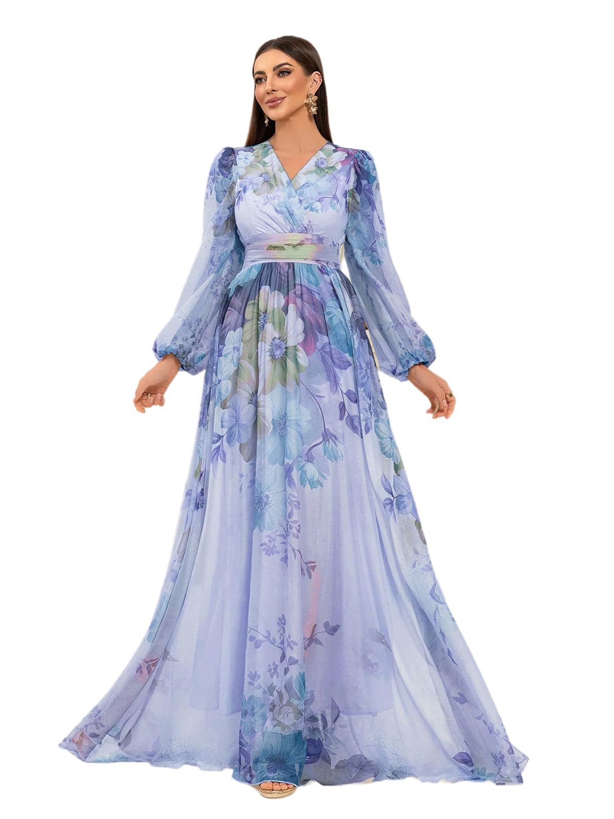 Womens Summer Dresses,Floral Patterns Vintage Elegant Cocktail Long Sleeve Boho Casual Maxi Wedding Guest Dresses for Women