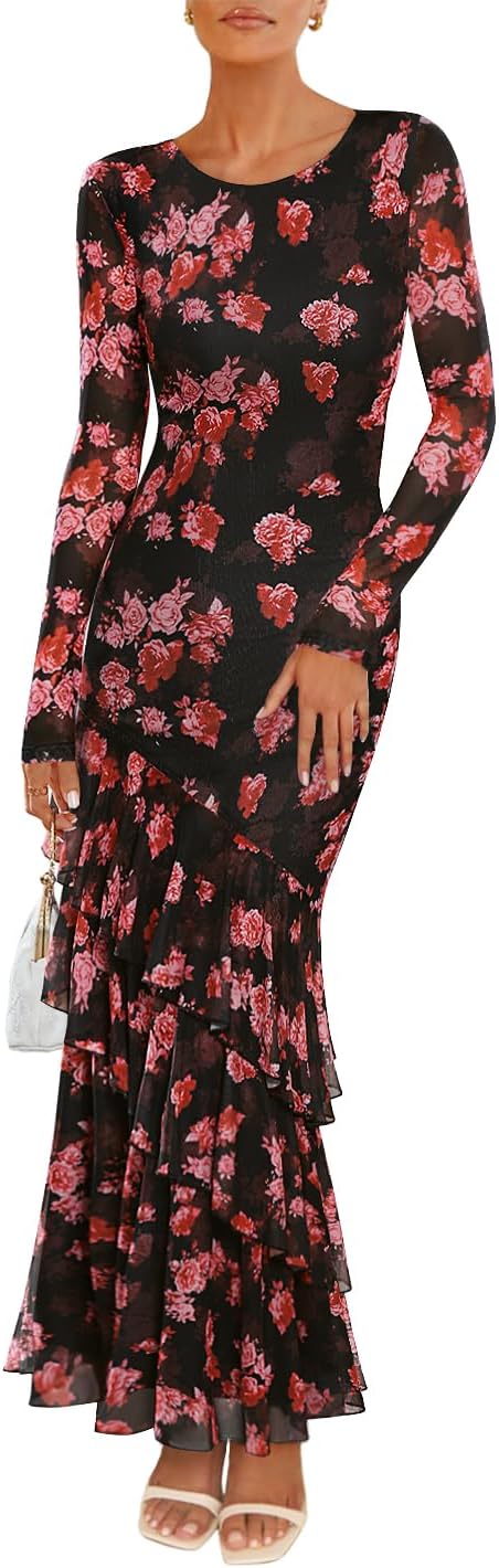 ZESICA Women's Fall Floral Bodycon Maxi Wedding Guest Dresses