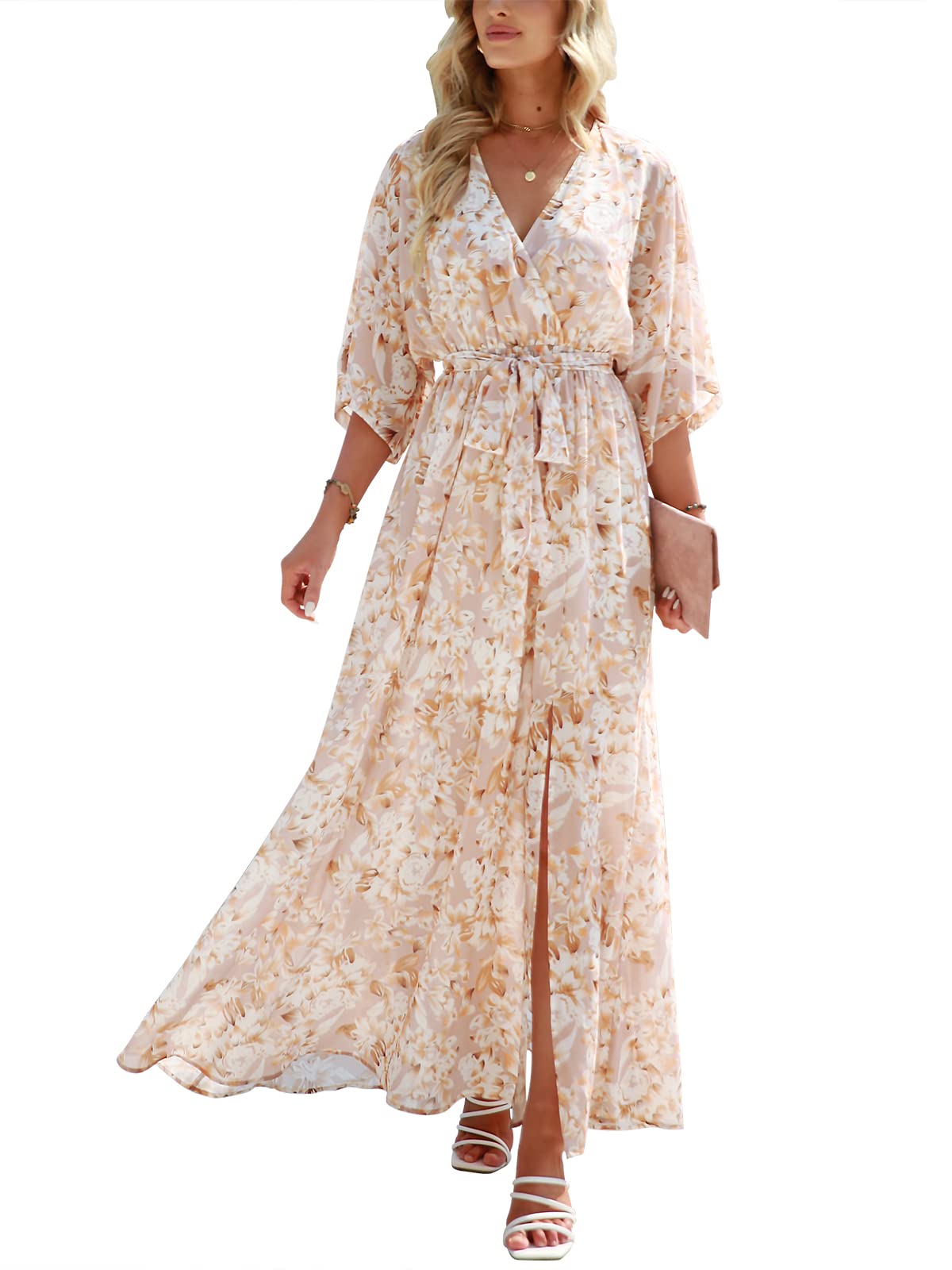 ANRABESS Womens 1/2 Sleeve Beach Wedding Guest Maxi Dresses 2026 Summer Wrap V Neck Boho Floral Flowy Slit Long Dresses