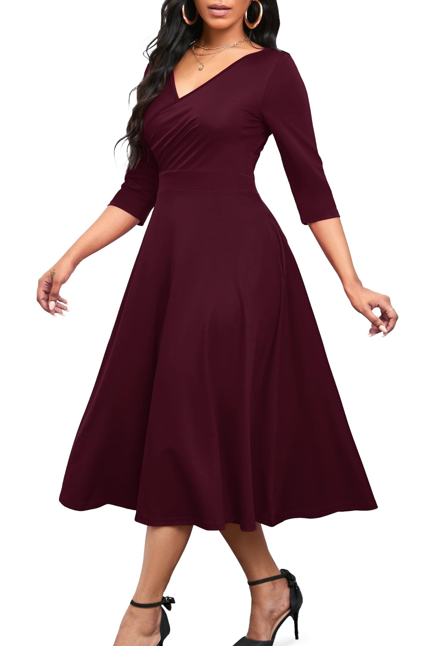 Nmoder Women's Casual Wrap Flared Midi Dress Wedding Guest Cocktail Tea Dresses A-Line Swing V-Neck 3/4 Sleeve