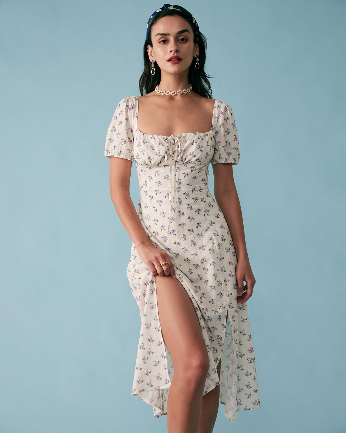 Women Summer Dresses Vintage Square Neck Adjustable Bust Floral Dress Short Puff A-Line Midi Dresses Sleeve