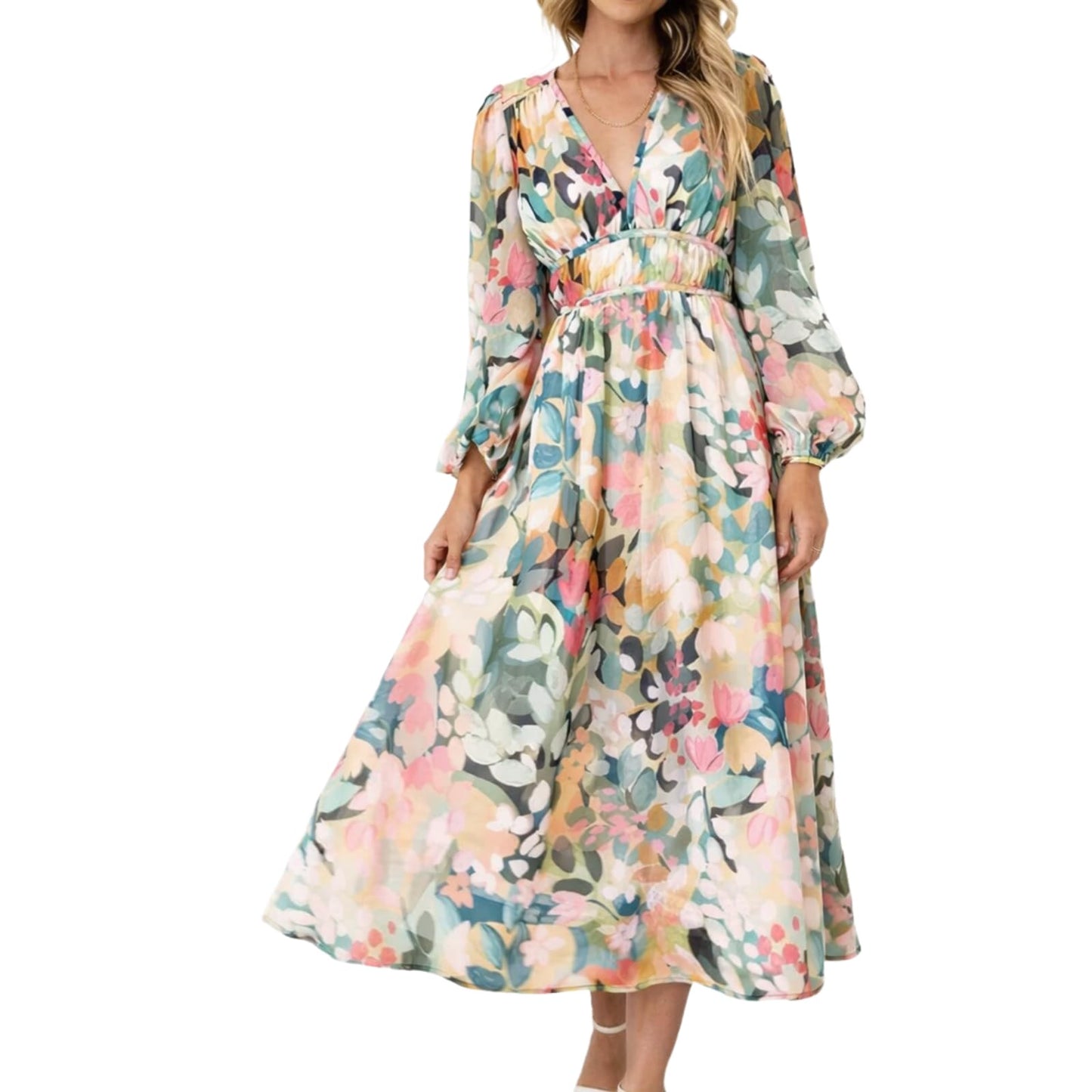 LOZ Womens Long Sleeve Dresses 2026 Summer V-Neck Multicolor Floral Dresses | V-Neck, Puff Sleeve, Chiffon Dresses, Long Dresses, Elegant Wedding Guest, Maxi Dress, Cocktail Dress, Spring Maxi Dress