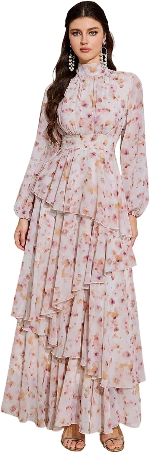 TOLEEN Summer Casual Dresses for Women 2024 Spring Fashion Boho V Neck Long Sleeve Ruffle Floral Print Elegant Maxi Dress