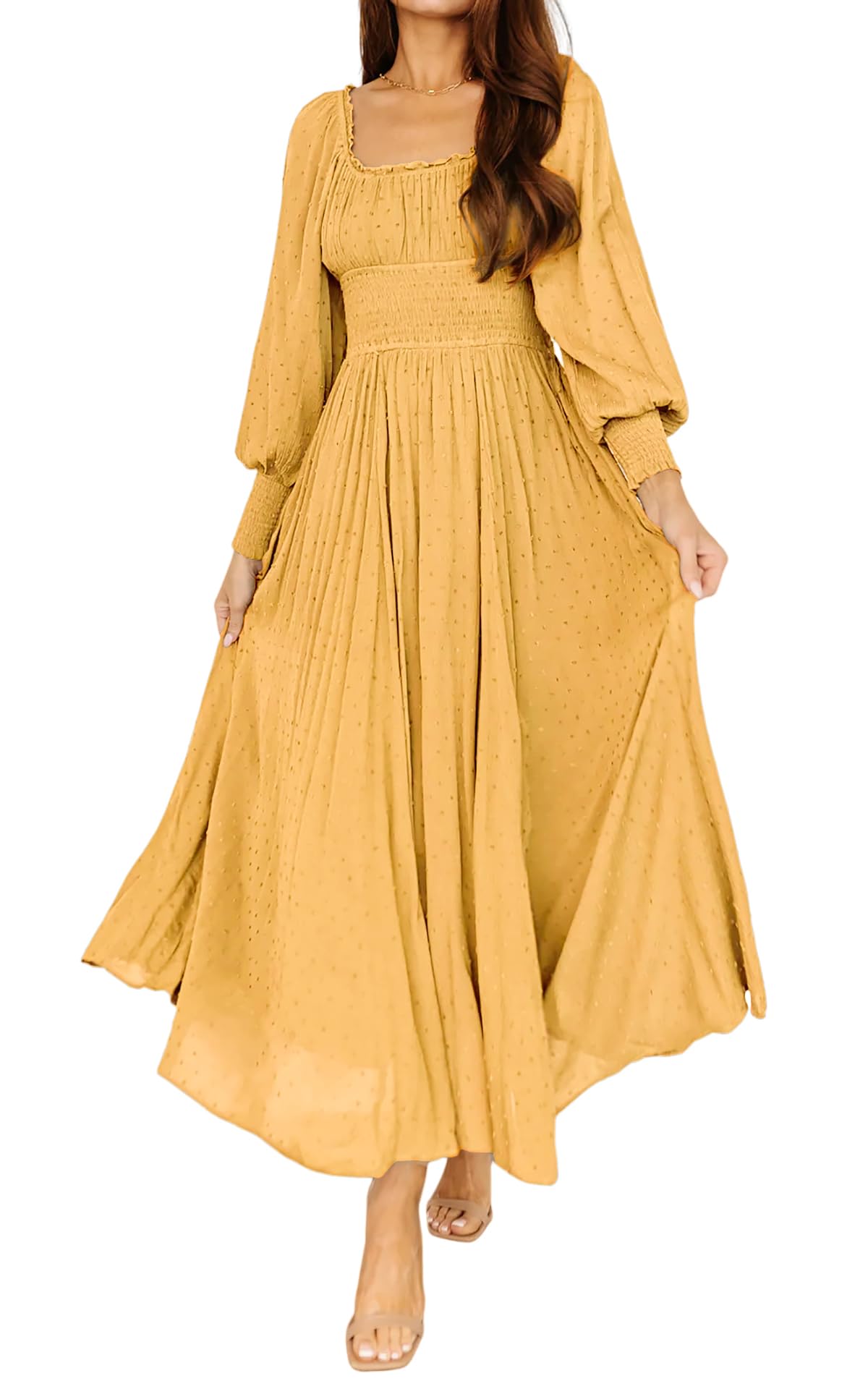 R.Vivimos Women's Puff Long Sleeve Maxi Dress Square Neck Elastic Empire Waist Swiss Dots Casual Flowy A-Line Long Dresses