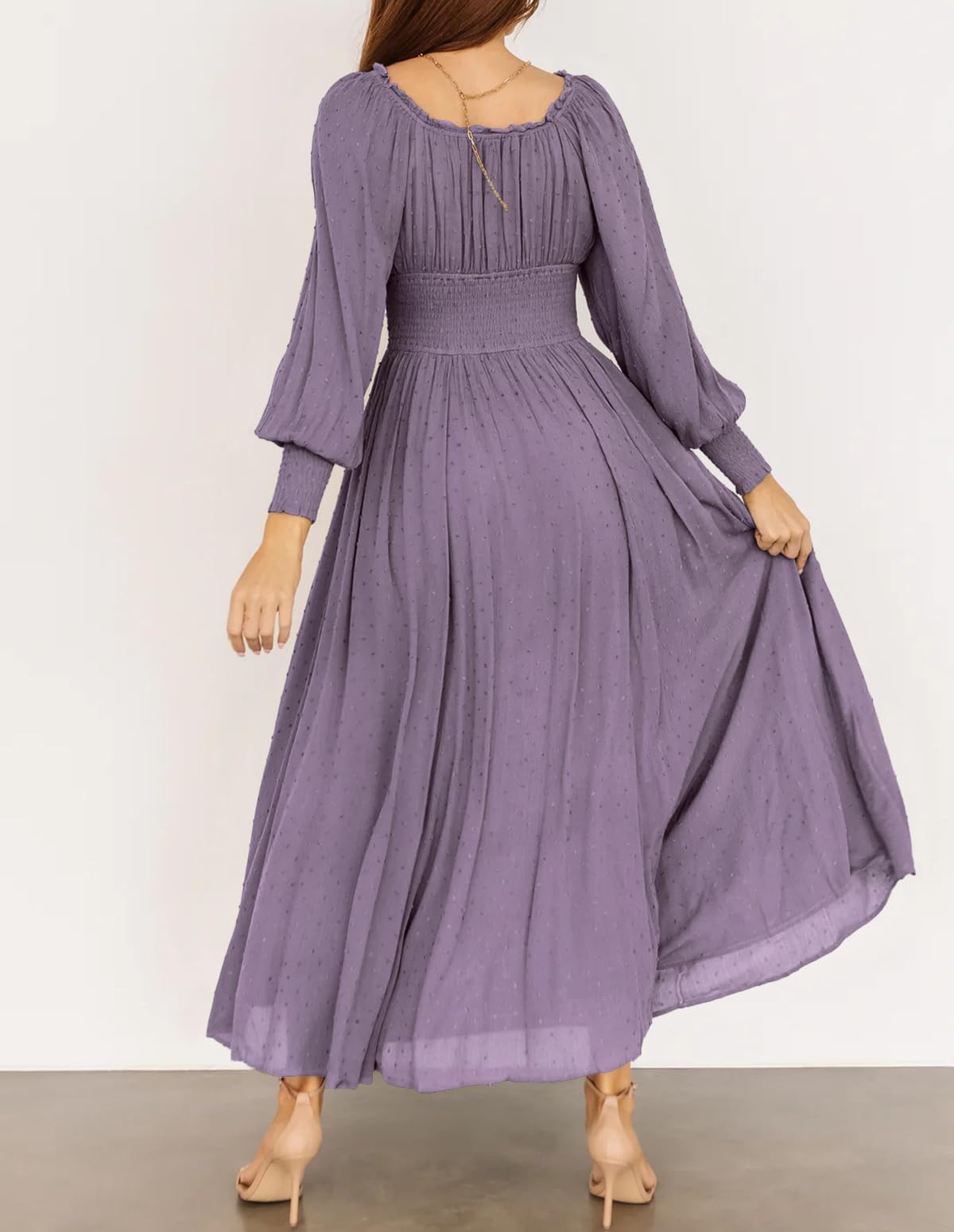 R.Vivimos Women's Puff Long Sleeve Maxi Dress Square Neck Elastic Empire Waist Swiss Dots Casual Flowy A-Line Long Dresses