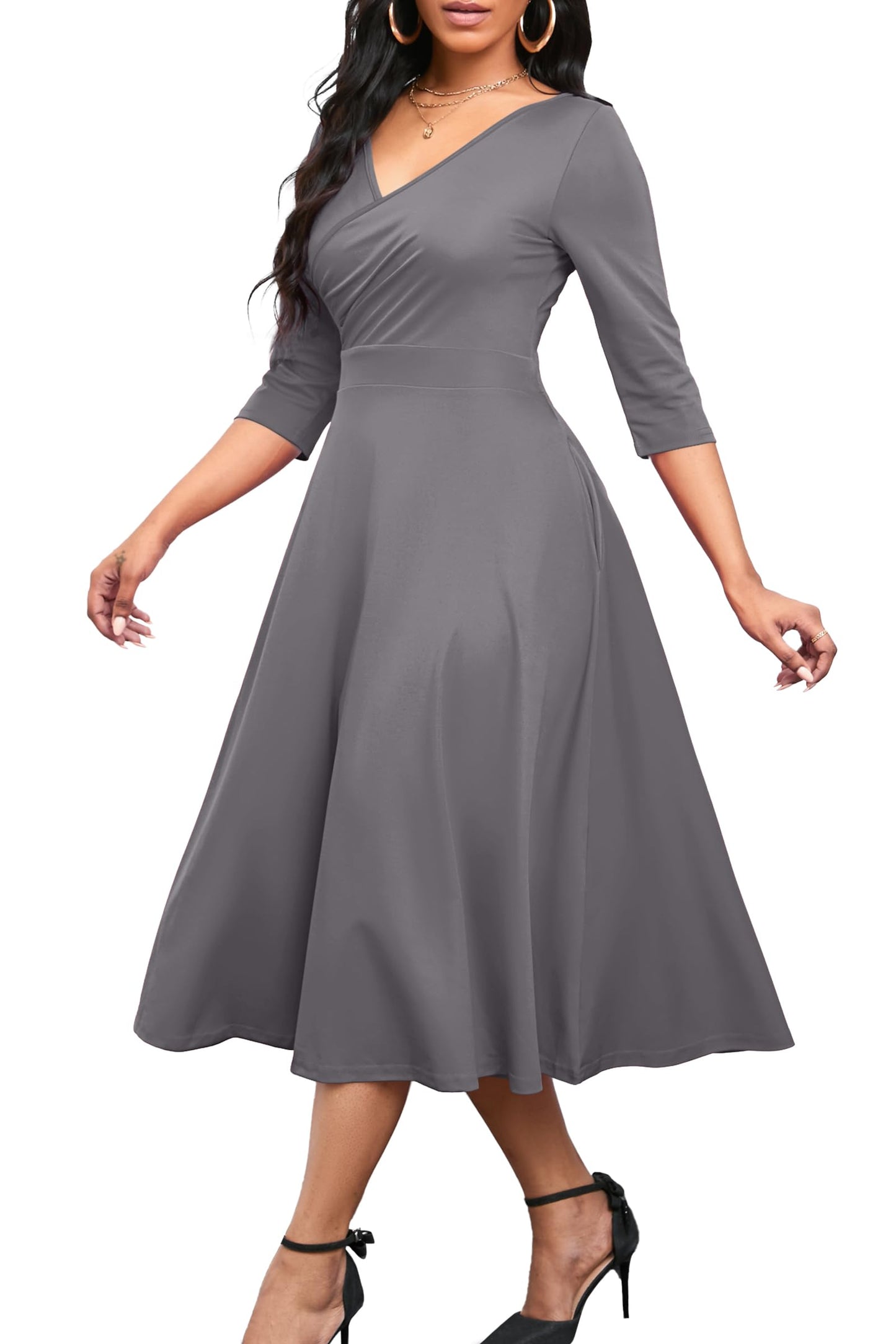 Nmoder Women's Casual Wrap Flared Midi Dress Wedding Guest Cocktail Tea Dresses A-Line Swing V-Neck 3/4 Sleeve