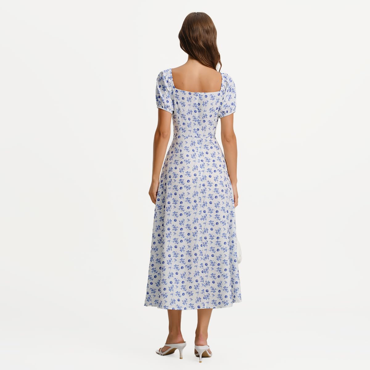 Women Summer Dresses Vintage Square Neck Adjustable Bust Floral Dress Short Puff A-Line Midi Dresses Sleeve