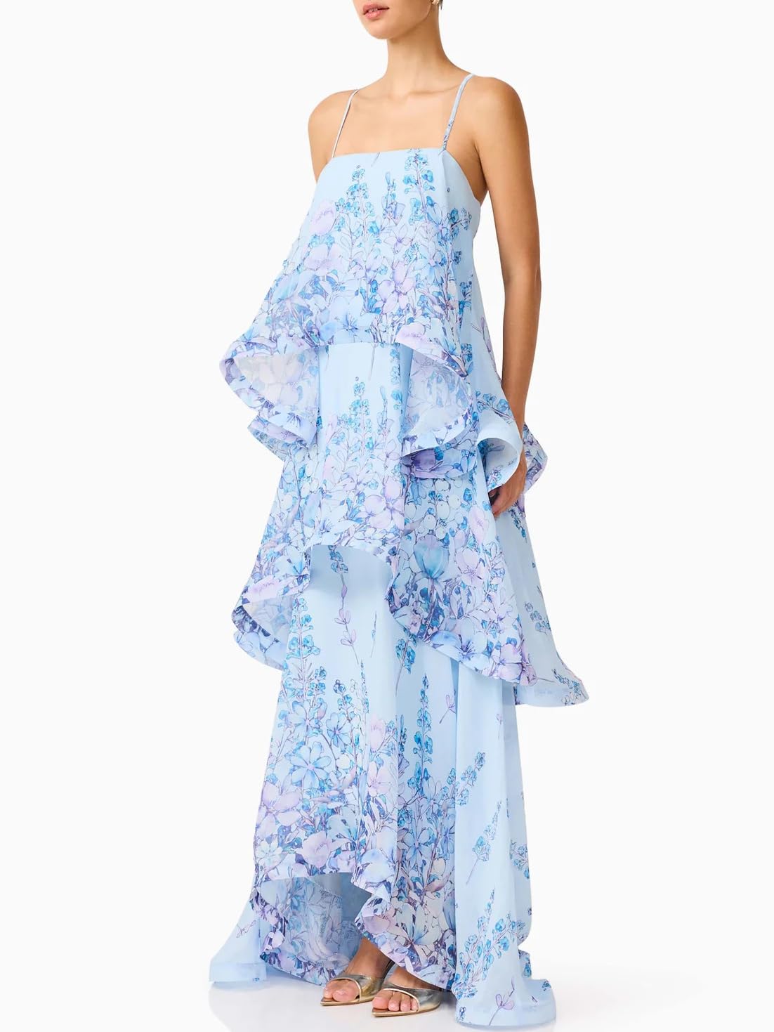 Women's Elegant Print Layered Ruffle Prom Dress Spaghetti Strap Backless Loose Chiffon Maxi Dress