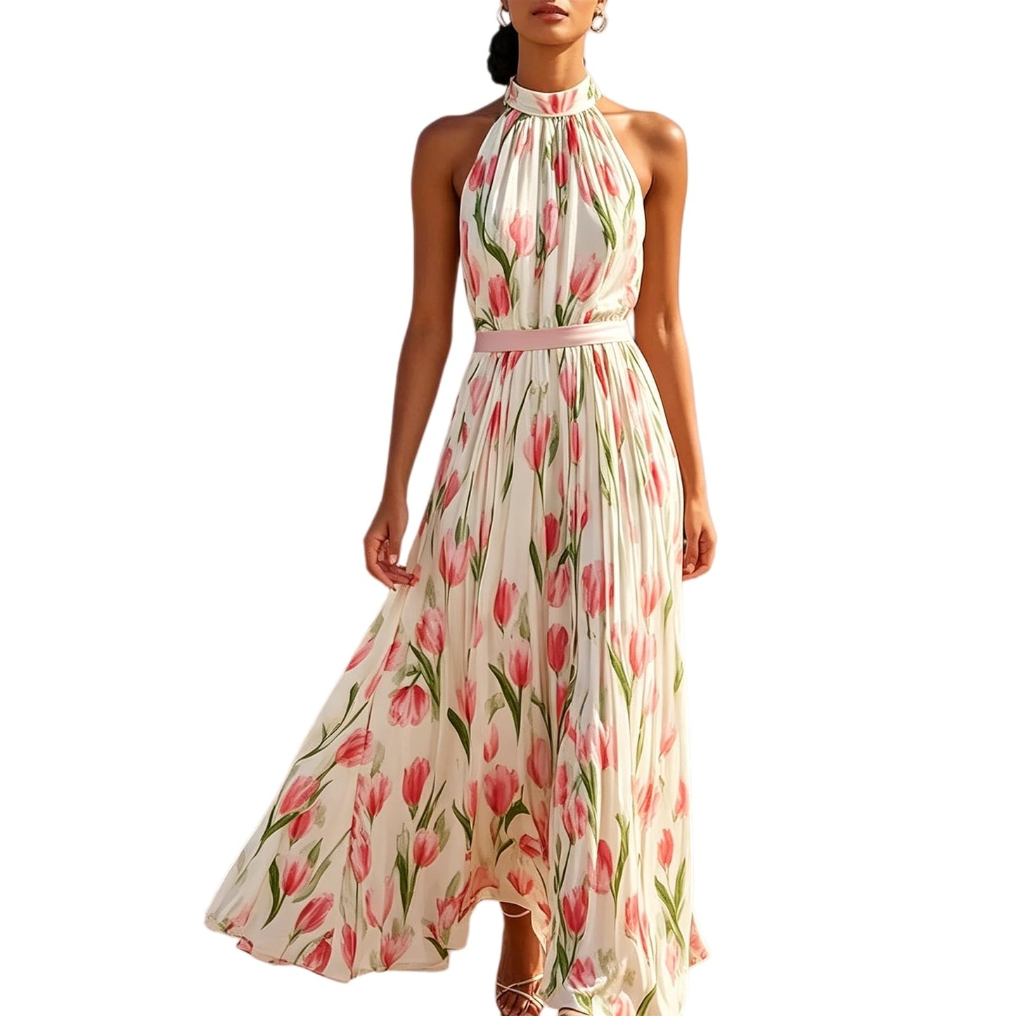 Halter Floral Print Chiffon Maxi Dress for Women Floral Wedding Guest Maxi Dress Formal Halter Chiffon Bridesmaid Dresses