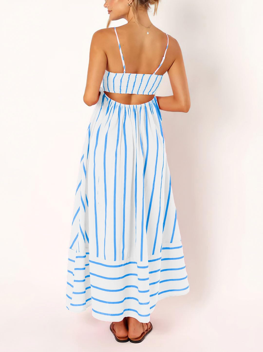 chouyatou Women's Striped Back Smocked Maxi Dress Sexy Spaghetti Strap Cut Out Flowy Swing Long Dress