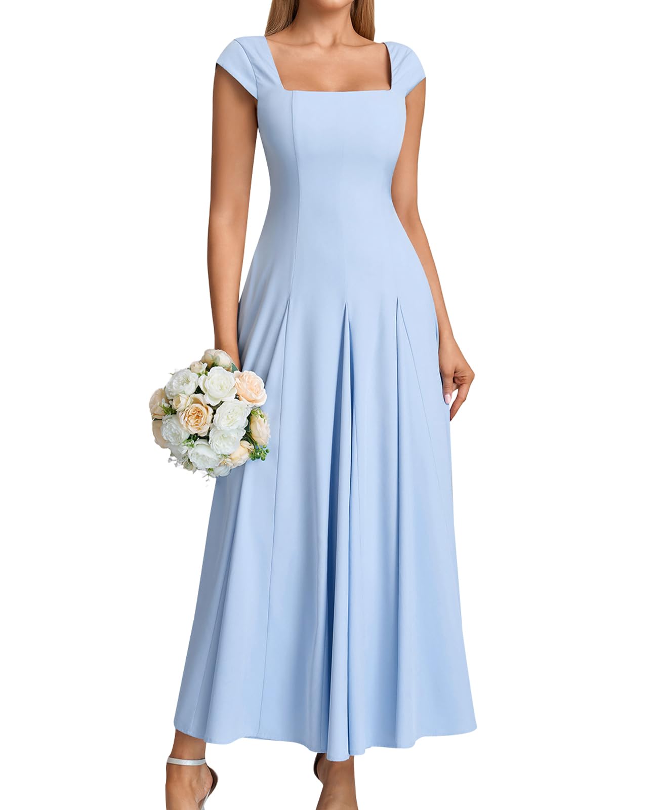 GLNEGE Women’s Corset Wedding Guest Maxi Dress Cap Sleeve Square Neck Lace Up A Line Flowy Formal Midi Dress with Pockets