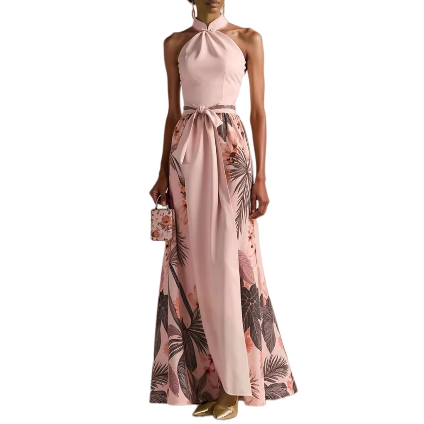 Halter Floral Print Chiffon Maxi Dress for Women Floral Wedding Guest Maxi Dress Formal Halter Chiffon Bridesmaid Dresses