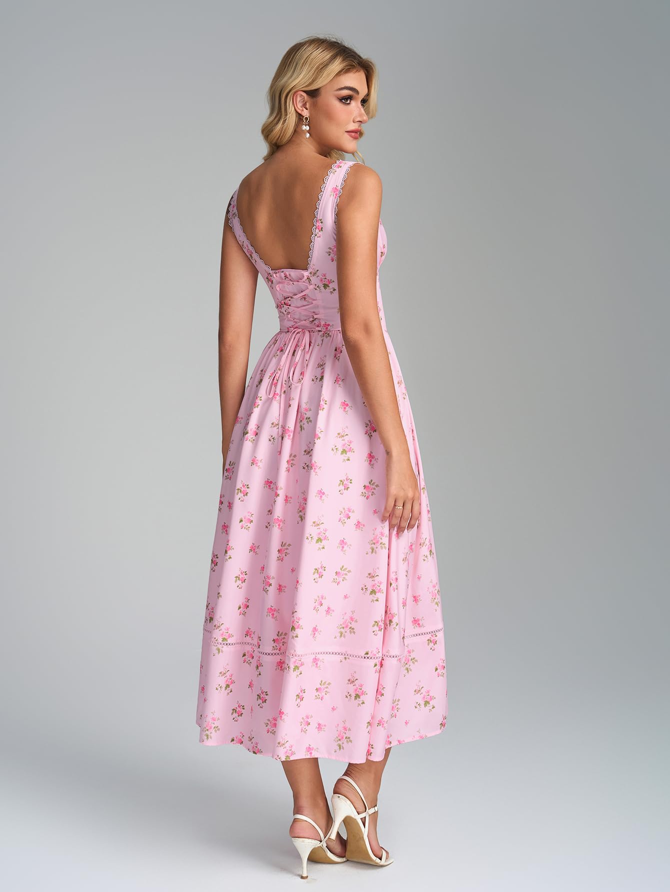 KUTUMAI Floral Corset Midi Dresses for Women 2026 Summer Spring V Neck Lace Up Flowy Wedding Guest Dress