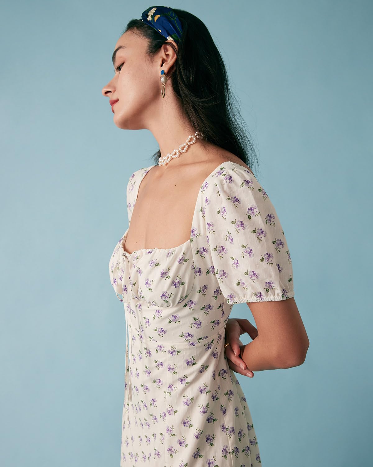 Women Summer Dresses Vintage Square Neck Adjustable Bust Floral Dress Short Puff A-Line Midi Dresses Sleeve