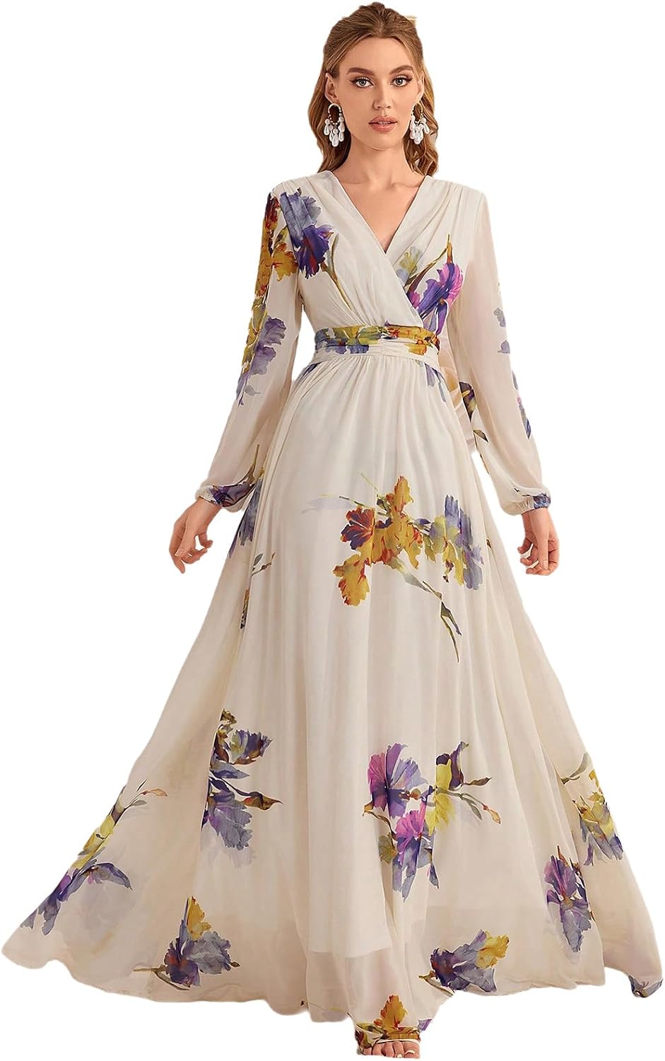 TOLEEN Summer Casual Dresses for Women 2024 Spring Fashion Boho V Neck Long Sleeve Ruffle Floral Print Elegant Maxi Dress