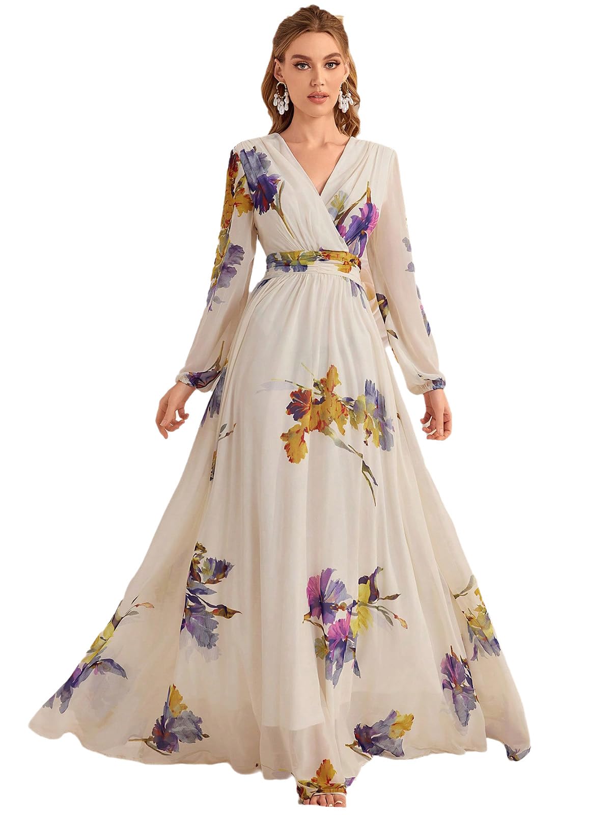 Womens Summer Dresses,Floral Patterns Vintage Elegant Cocktail Long Sleeve Boho Casual Maxi Wedding Guest Dresses for Women