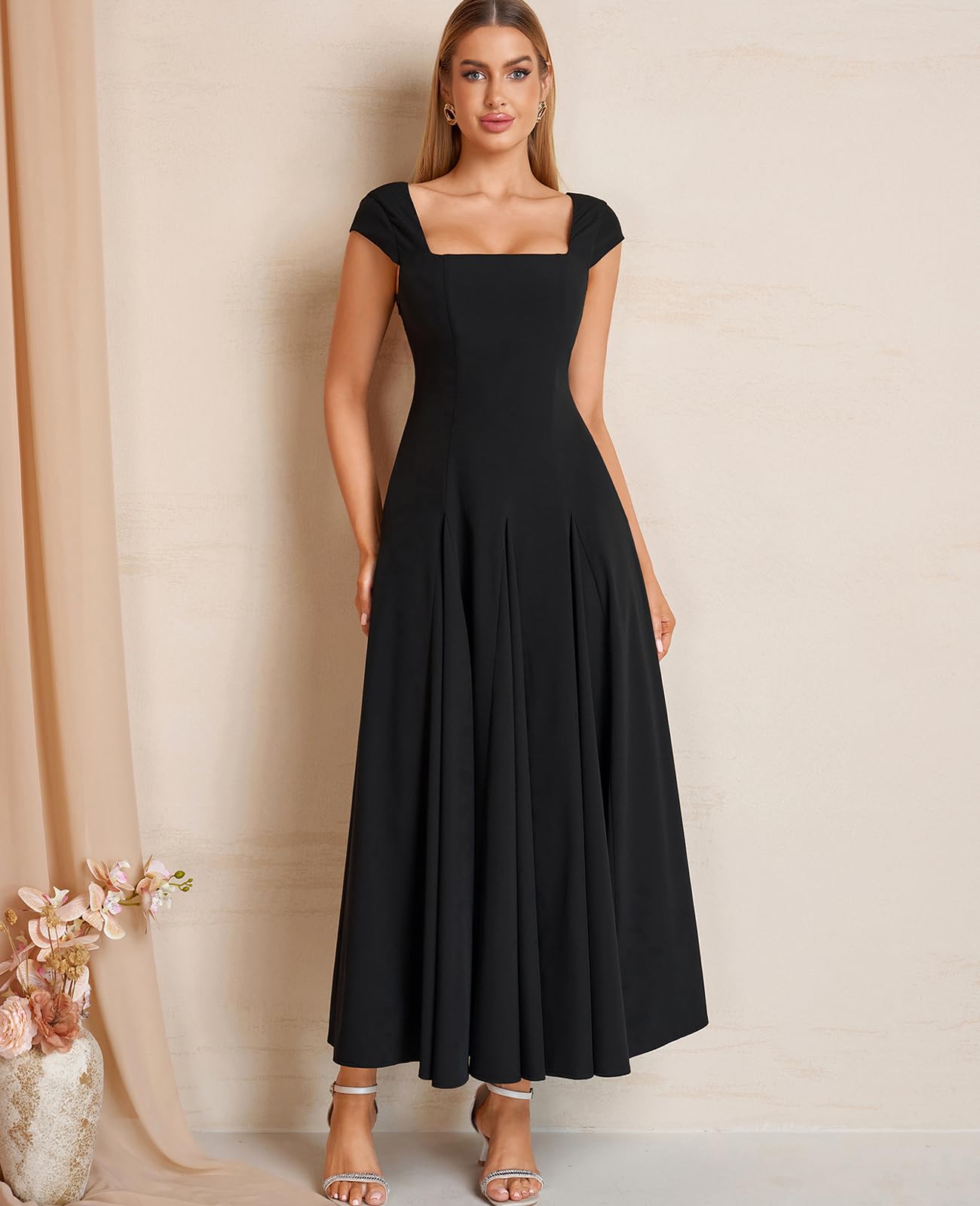 GLNEGE Women’s Corset Wedding Guest Maxi Dress Cap Sleeve Square Neck Lace Up A Line Flowy Formal Midi Dress with Pockets