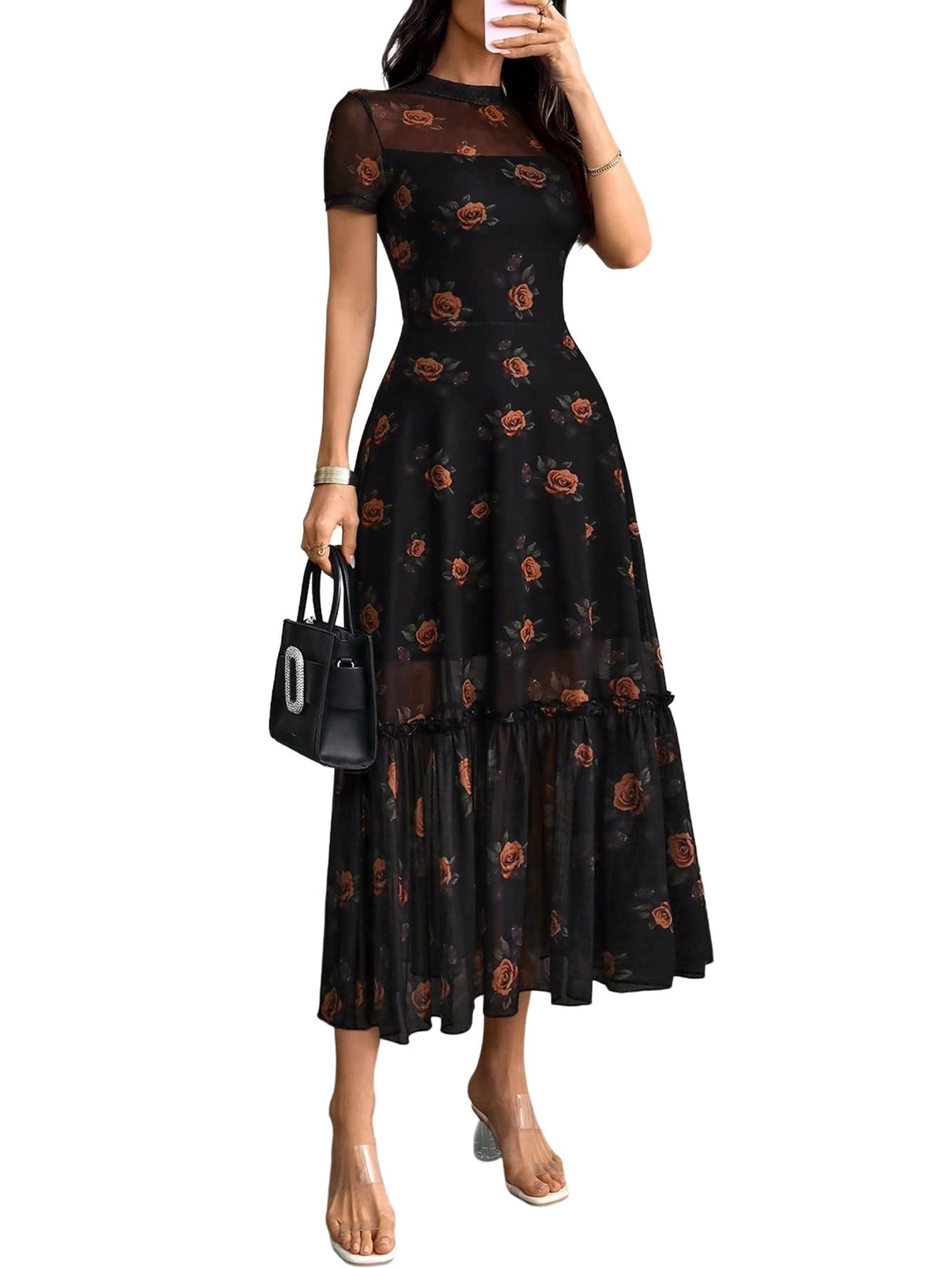 GothDark Women's Summer Floral Mesh Ruffle Dress Short Sleeve Round Neck Waist Cinched Casual Maxi Wedding Guest Dresses
