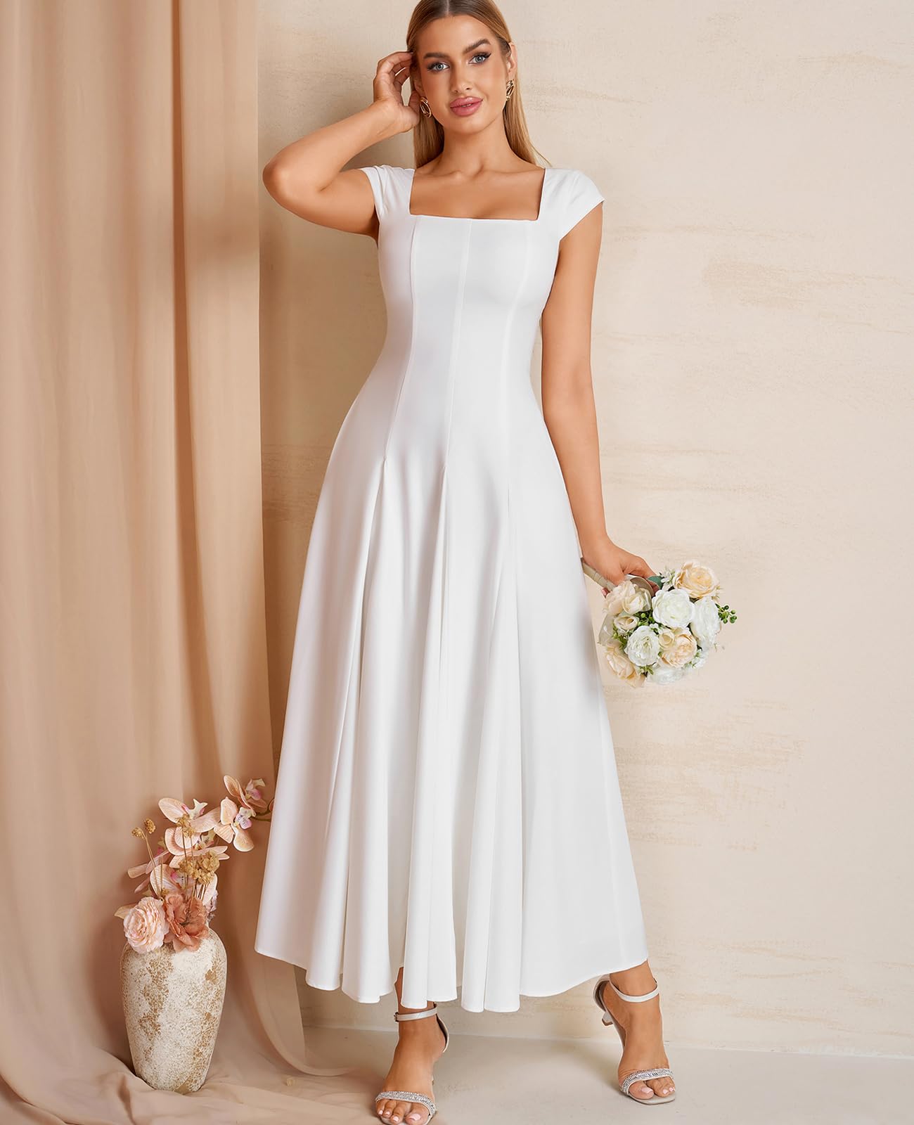 GLNEGE Women’s Corset Wedding Guest Maxi Dress Cap Sleeve Square Neck Lace Up A Line Flowy Formal Midi Dress with Pockets