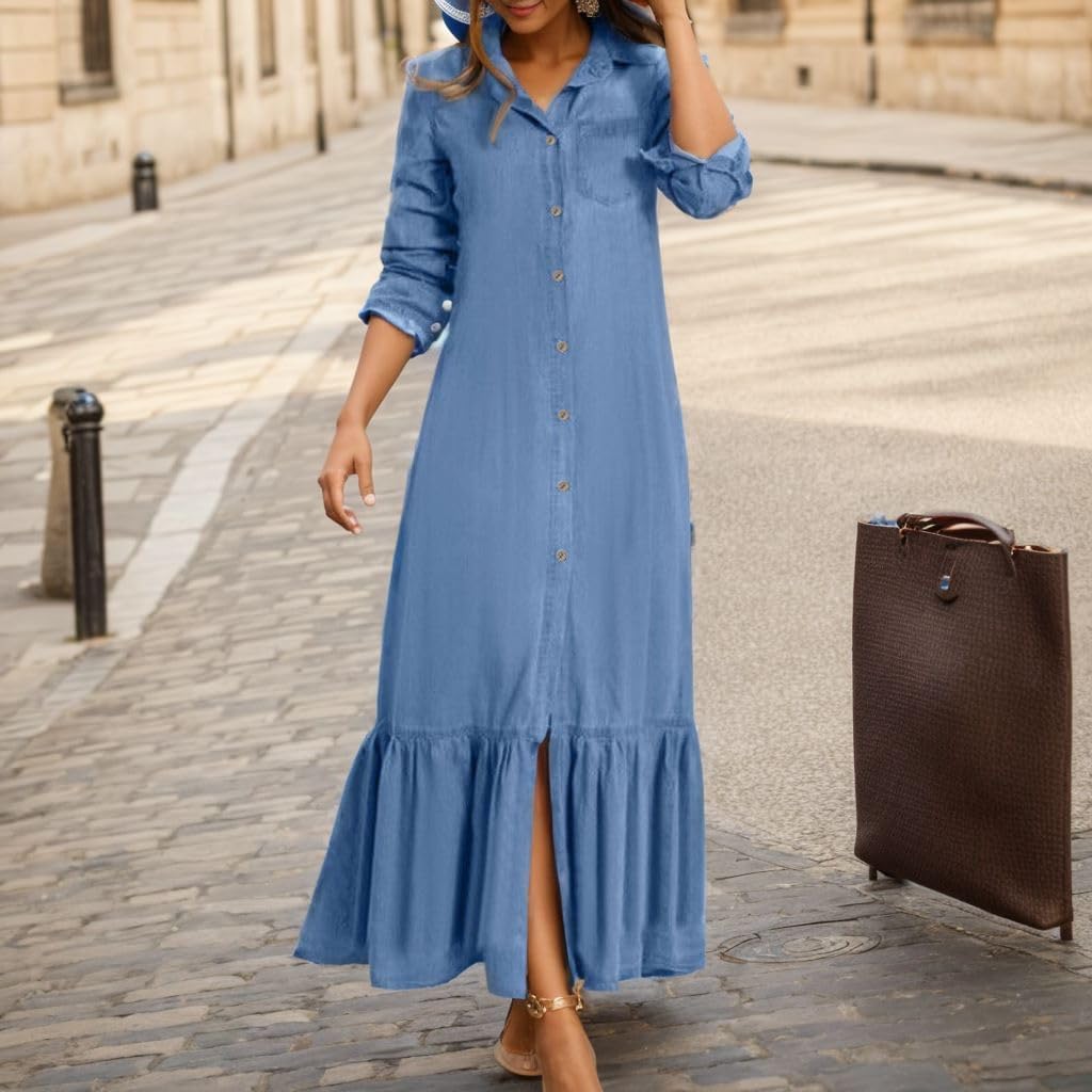 Summer Loose Hand Pocket Midi Long Tunic Denim Shirt Dress for Women Casual Button Front Maxi Shirt Dress