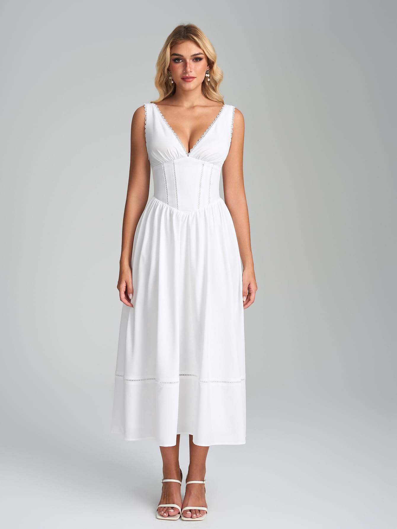 KUTUMAI Floral Corset Midi Dresses for Women 2026 Summer Spring V Neck Lace Up Flowy Wedding Guest Dress