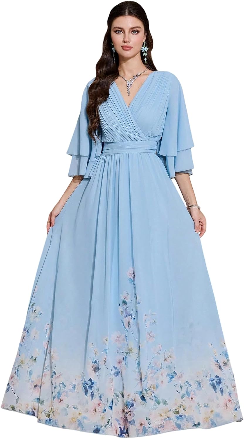 TOLEEN Summer Casual Dresses for Women 2024 Spring Fashion Boho V Neck Long Sleeve Ruffle Floral Print Elegant Maxi Dress