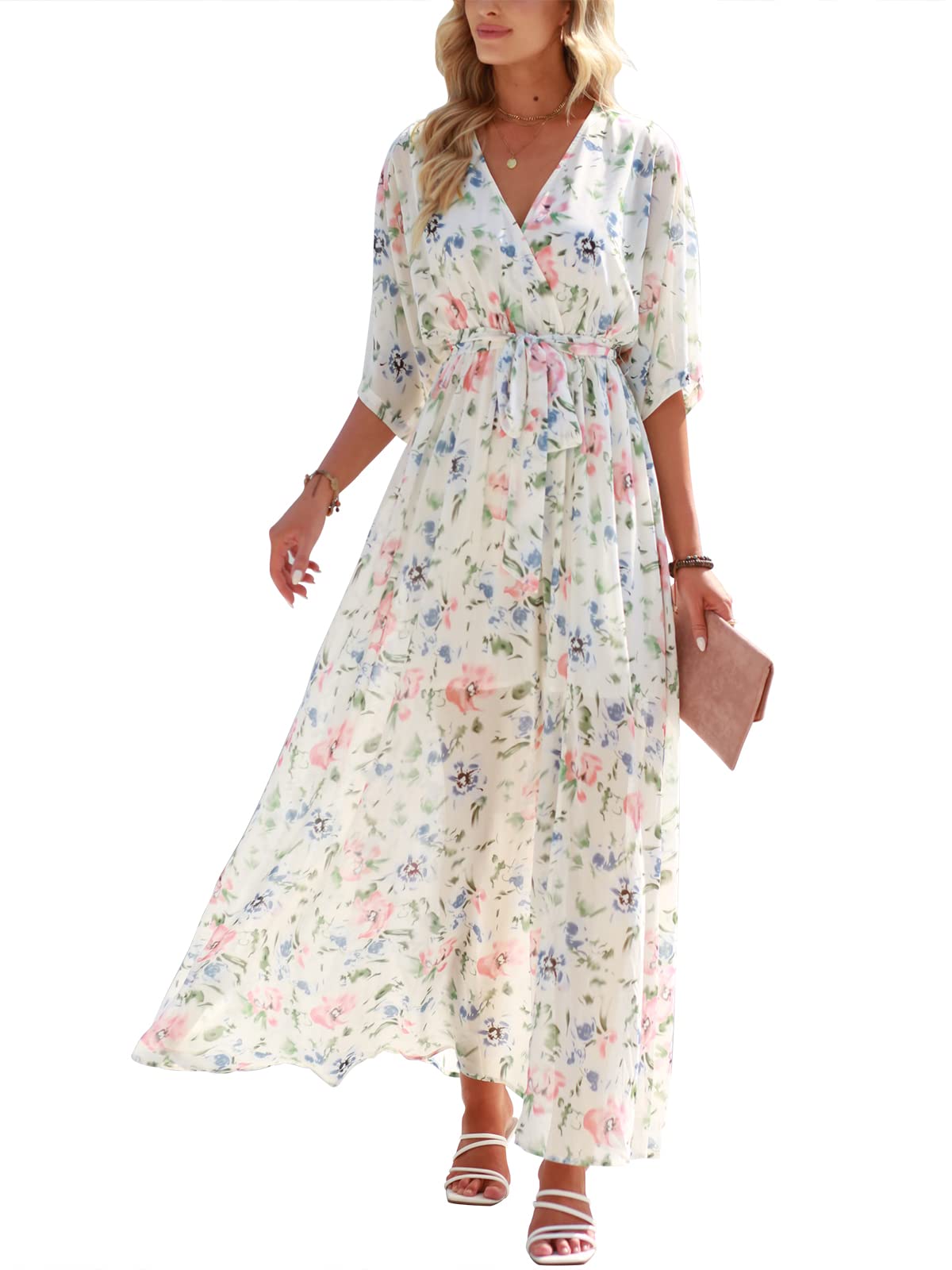 ANRABESS Womens 1/2 Sleeve Beach Wedding Guest Maxi Dresses 2026 Summer Wrap V Neck Boho Floral Flowy Slit Long Dresses